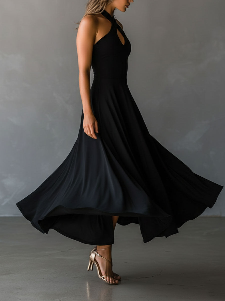 Vestido Midi Negro Halter Ojo de Cerradura Línea A