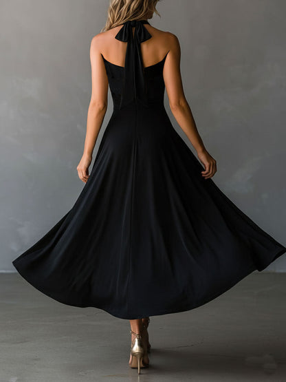 Vestido Midi Negro Halter Ojo de Cerradura Línea A