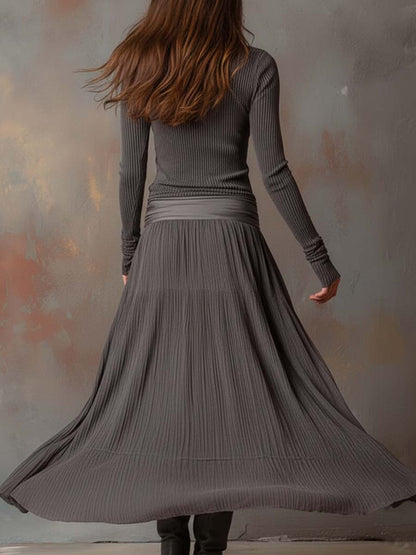 Vestido Maxi Gris Carbón Punto Canalé Plisado