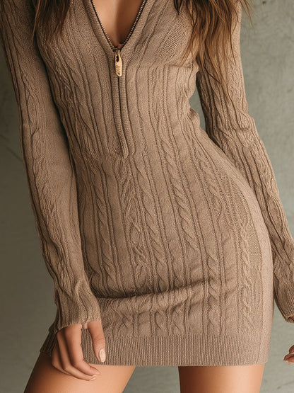 Vestido Punto Canalé Camel Medio Cremallera
