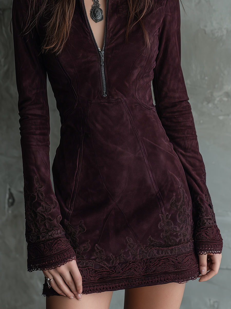 Vestido Mini Ante Granate Bordado Encaje