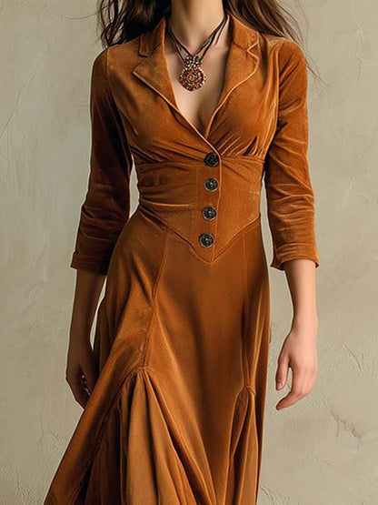 Vestido Maxi Caramelo Terciopelo Estilo Blazer