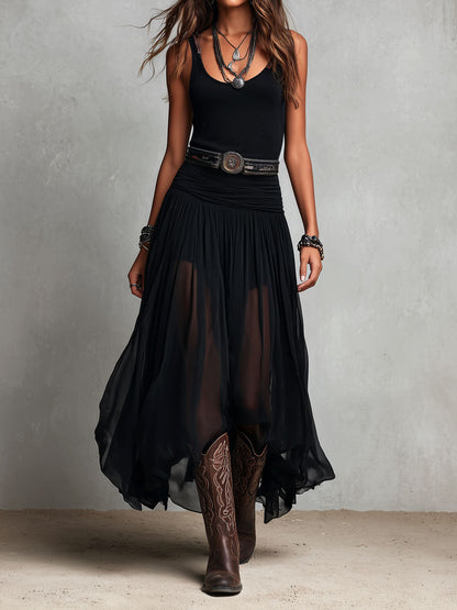 Vestido Maxi Negro Boho Western Falda Semitransparente