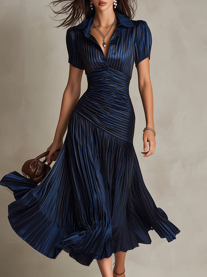 Vestido Midi Raya Retro Satén Plisado