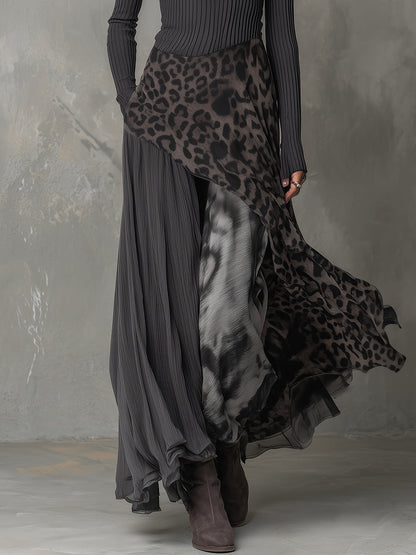 Vestido Maxi Gris Boho Rayas Leopardo Asimétrico