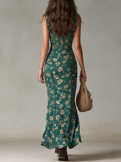 Vestido Maxi Boho Retro Mangas Volante Abertura