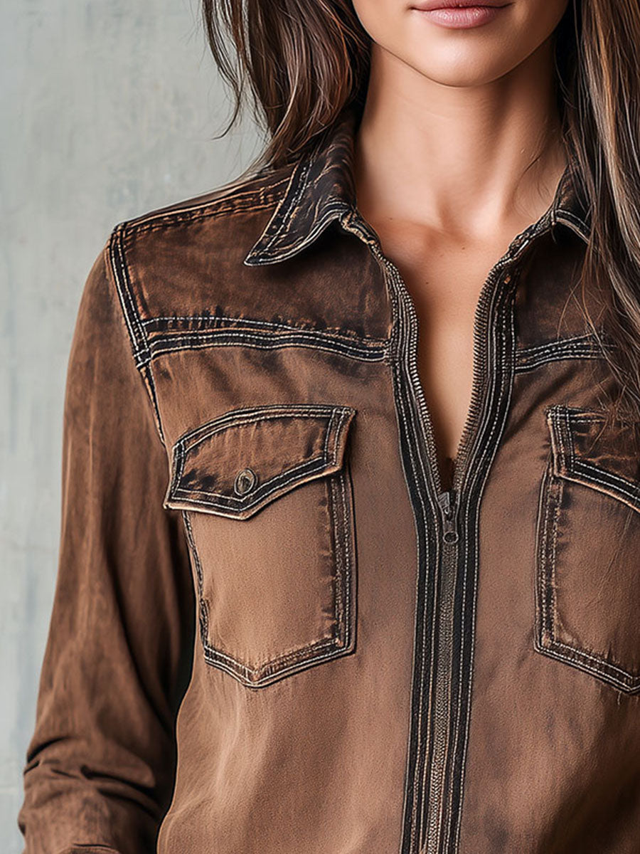 Chaqueta Camisera Marrón Lavada Costuras Contraste