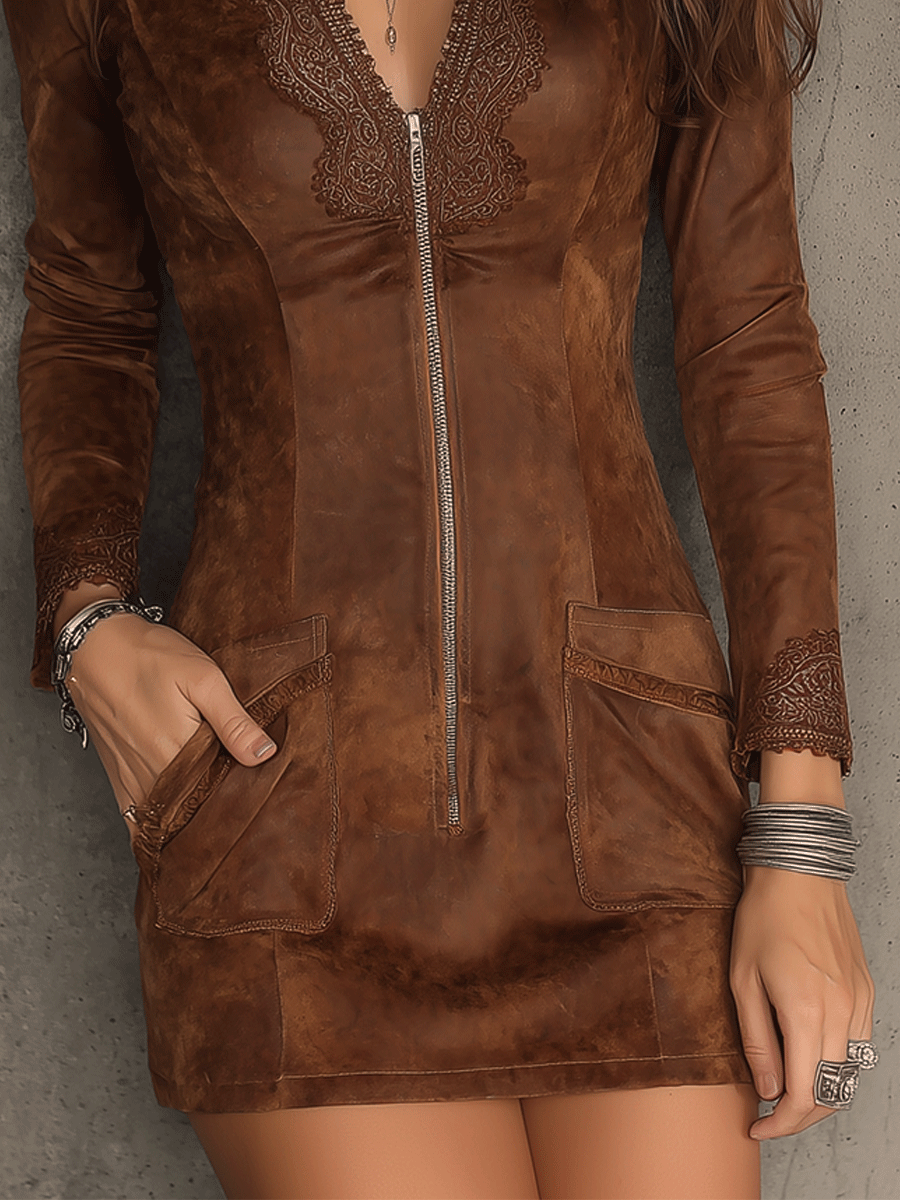 Vestido Mini Ante Caramelo Encaje Cremallera