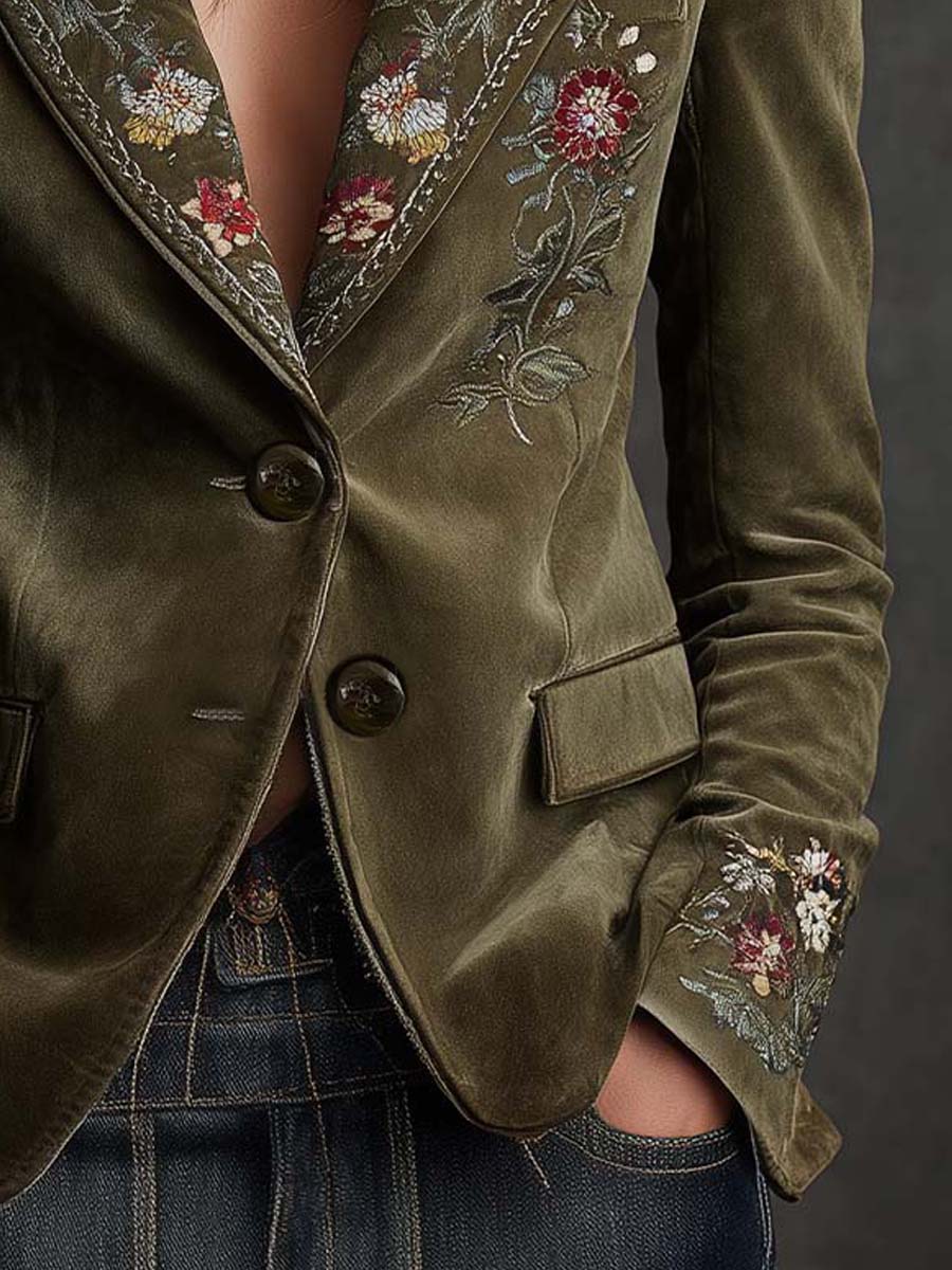 Blazer Terciopelo Verde Oliva Bordado Floral