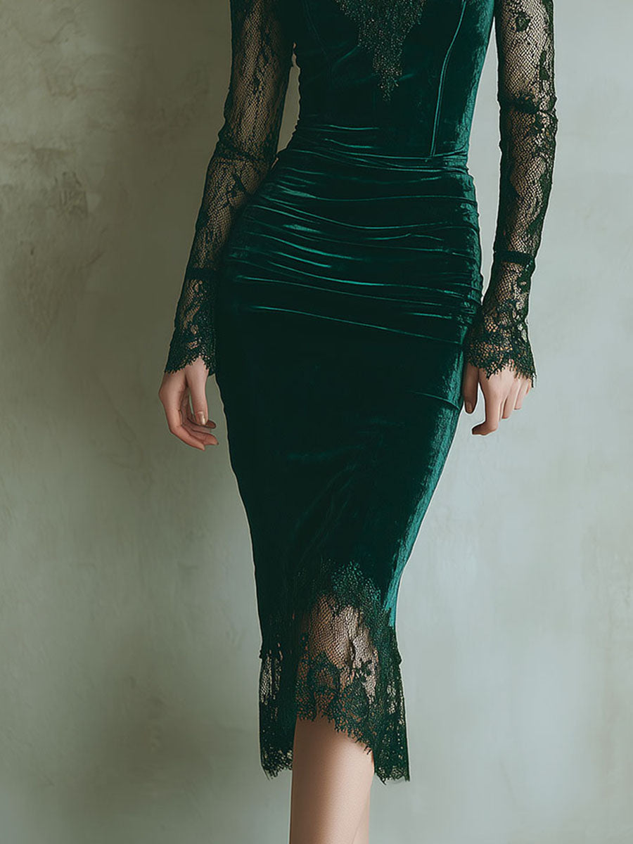 Vestido Midi Verde Terciopelo Mangas Largas Encaje