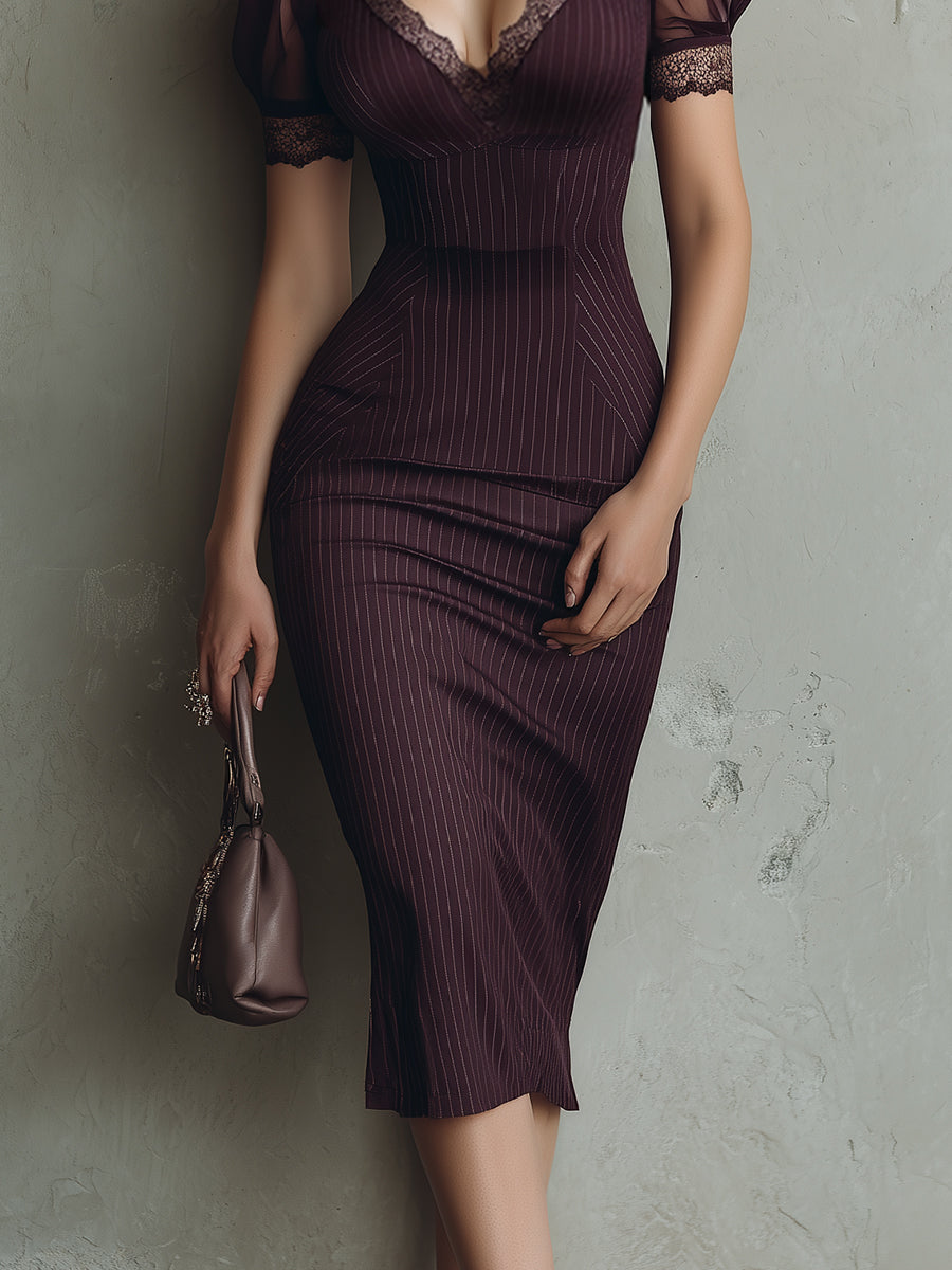 Vestido Midi Morado Rayas Encaje Bodycon