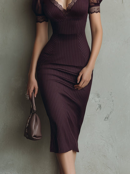 Vestido Midi Morado Rayas Encaje Bodycon