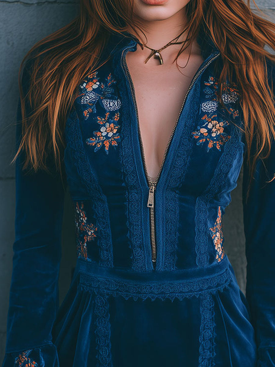 Vestido Mini Terciopelo Azul Bordado Cremallera