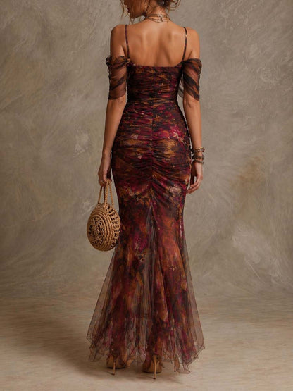 Vestido Maxi Morado Floral Malla Hombros Descubiertos