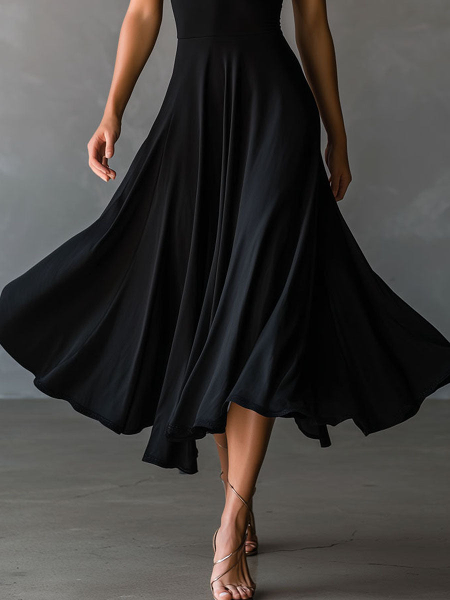 Vestido Midi Negro Halter Ojo de Cerradura Línea A