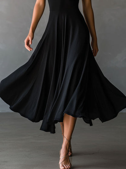Vestido Midi Negro Halter Ojo de Cerradura Línea A