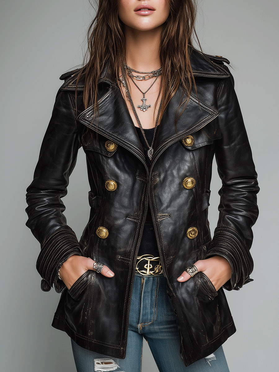 Chaqueta Piel Negra Cruzada Vintage