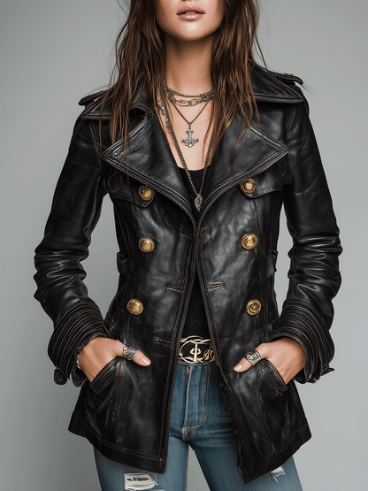 Chaqueta Piel Negra Cruzada Vintage