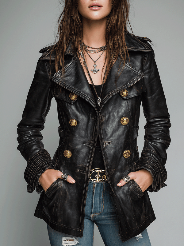 Chaqueta Piel Negra Cruzada Vintage