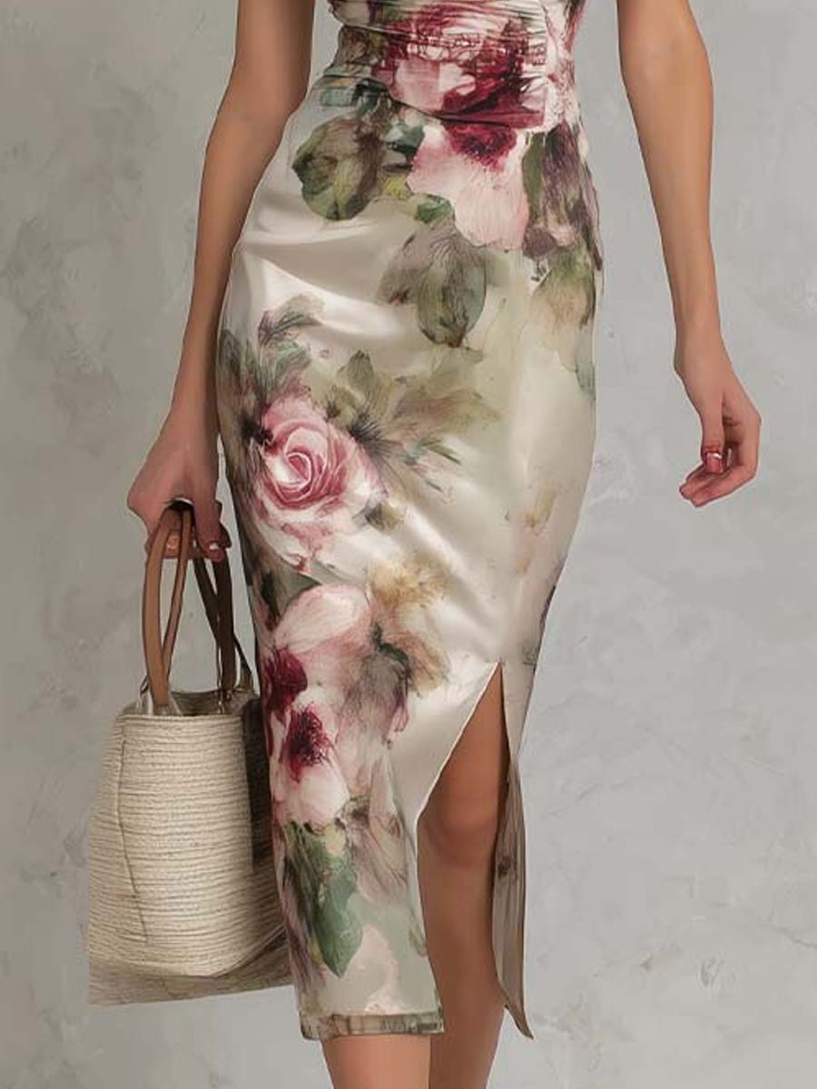 Vestido Midi Satén Marfil Floral Acuarela Fruncido
