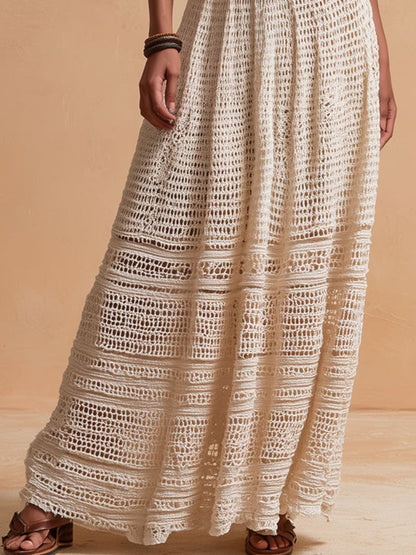 Vestido Maxi Marfil Crochet Halter Cinturón