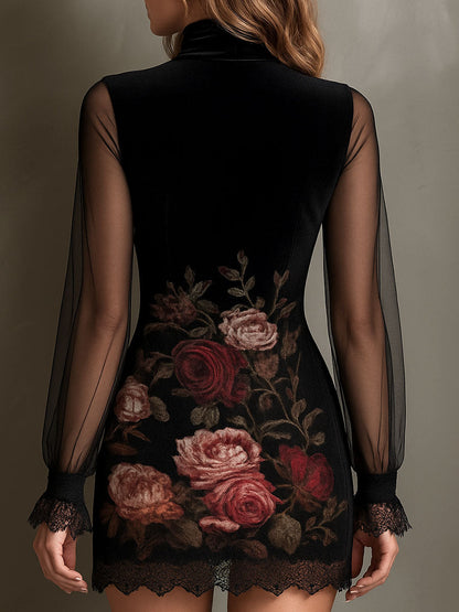 Vestido Mini Terciopelo Negro Rosas Malla Encaje