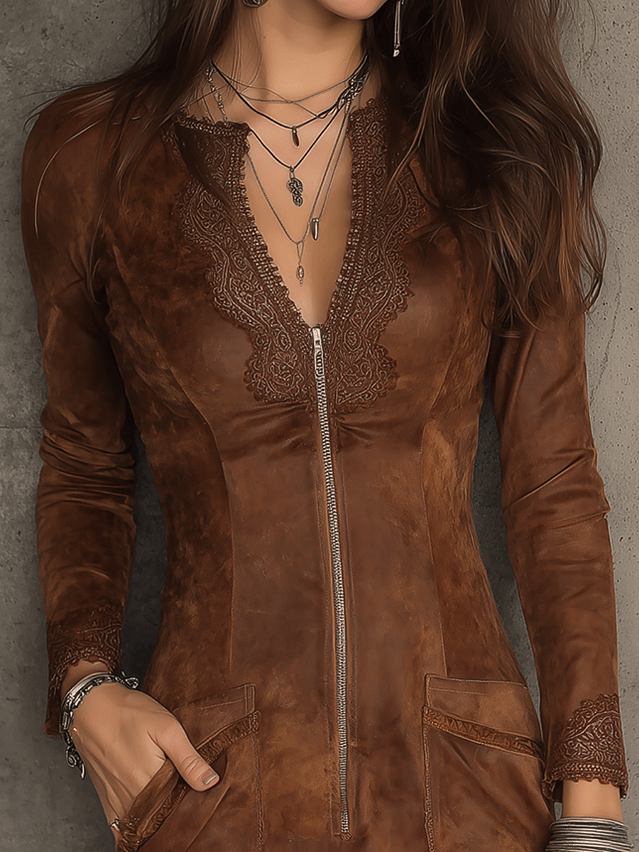 Vestido Mini Ante Caramelo Encaje Cremallera
