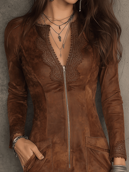 Vestido Mini Ante Caramelo Encaje Cremallera