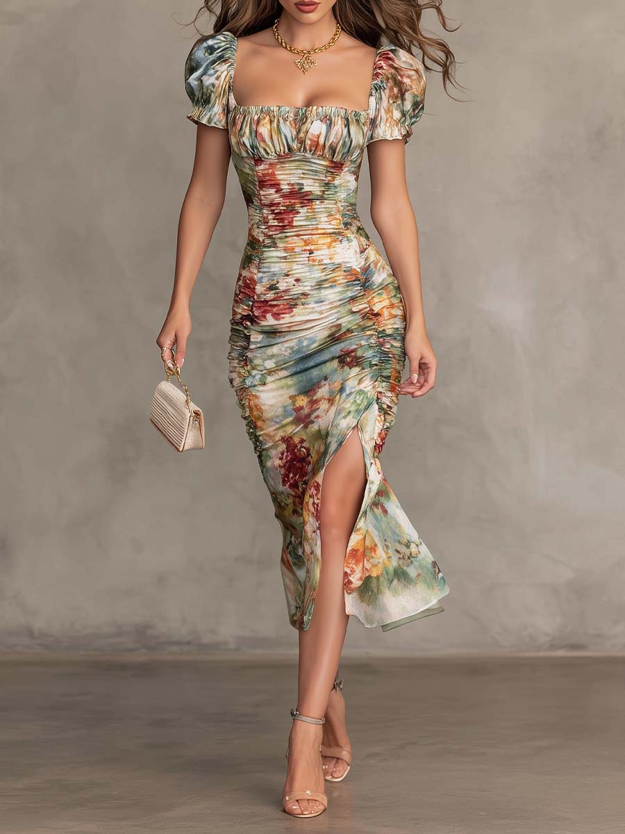 Vestido Midi Salvia Floral Cuello Cuadrado Fruncido