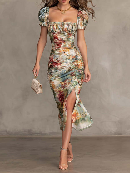 Vestido Midi Salvia Floral Cuello Cuadrado Fruncido