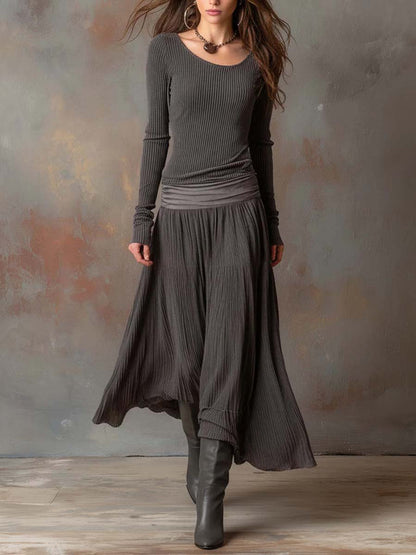 Vestido Maxi Gris Carbón Punto Canalé Plisado