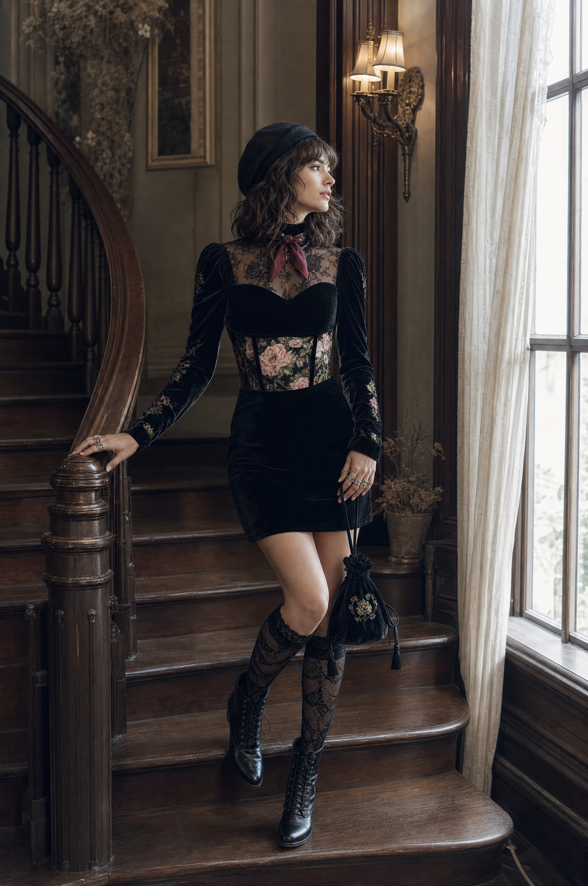 Vestido Mini Terciopelo Negro Escote Corazón Floral
