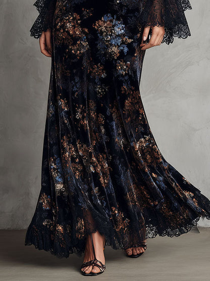 Vestido Maxi Azul Medianoche Terciopelo Floral Mangas Campana