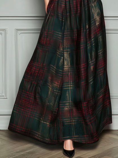 Vestido Maxi Negro Terciopelo Cuadros Falda Amplia