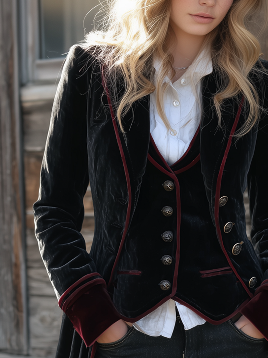 Chaqueta Terciopelo Negra Ribete Contraste