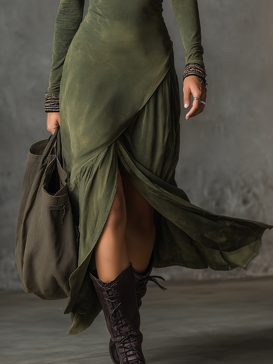 Vestido Midi Verde Boho Algodón Cremallera Abertura