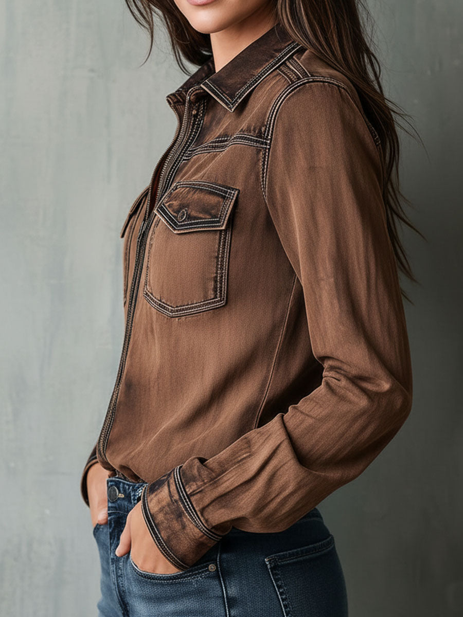 Chaqueta Camisera Marrón Lavada Costuras Contraste
