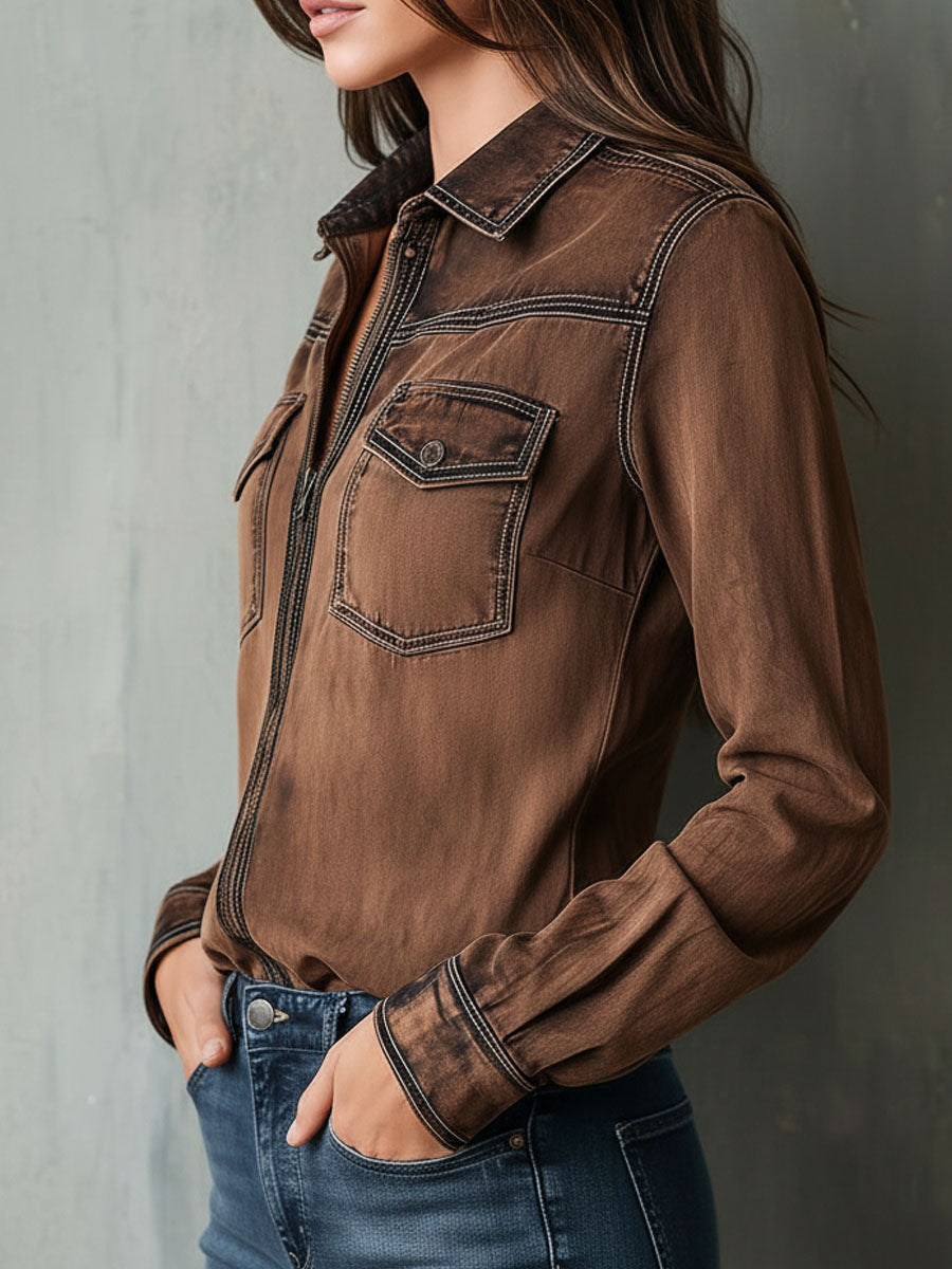 Chaqueta Camisera Marrón Lavada Costuras Contraste