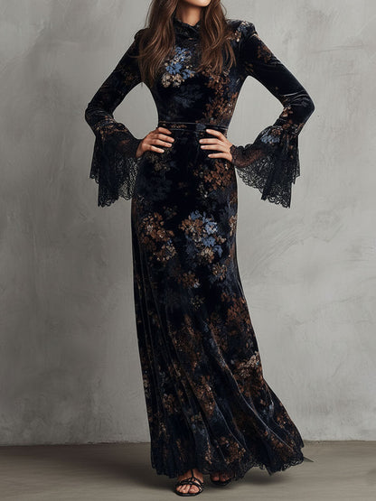 Vestido Maxi Azul Medianoche Terciopelo Floral Mangas Campana