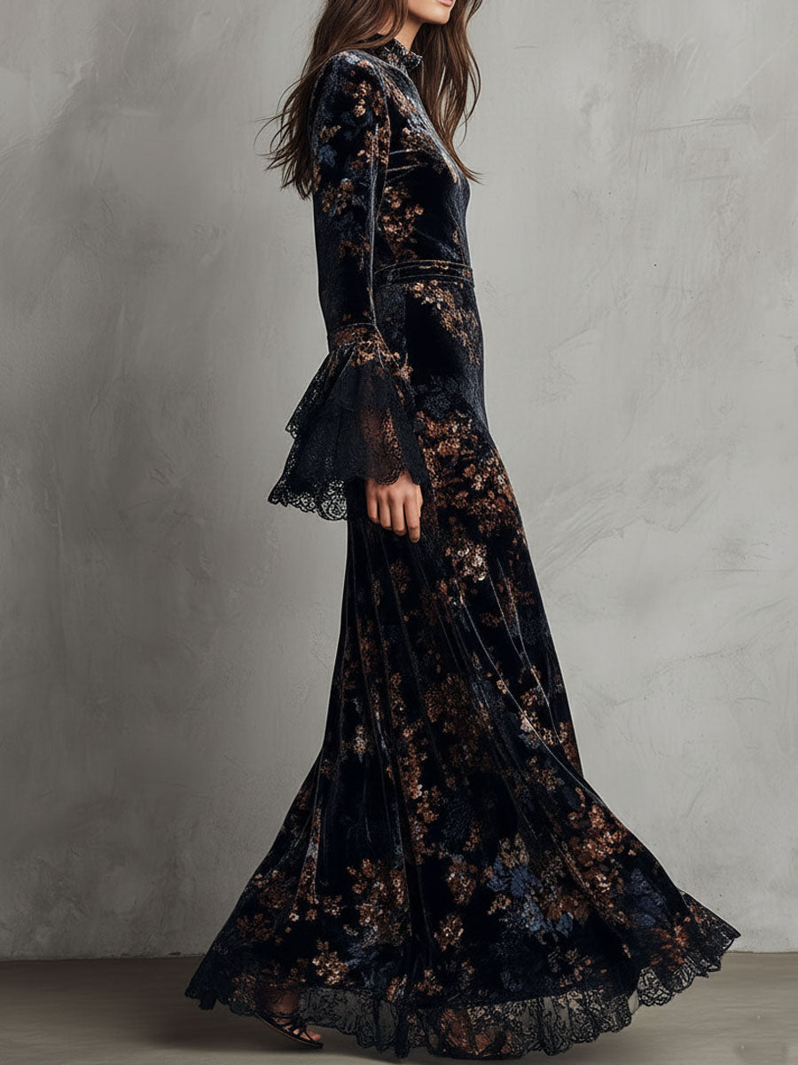 Vestido Maxi Azul Medianoche Terciopelo Floral Mangas Campana