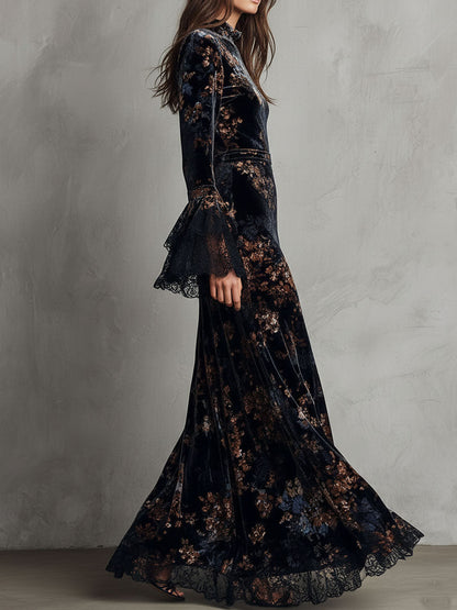 Vestido Maxi Azul Medianoche Terciopelo Floral Mangas Campana