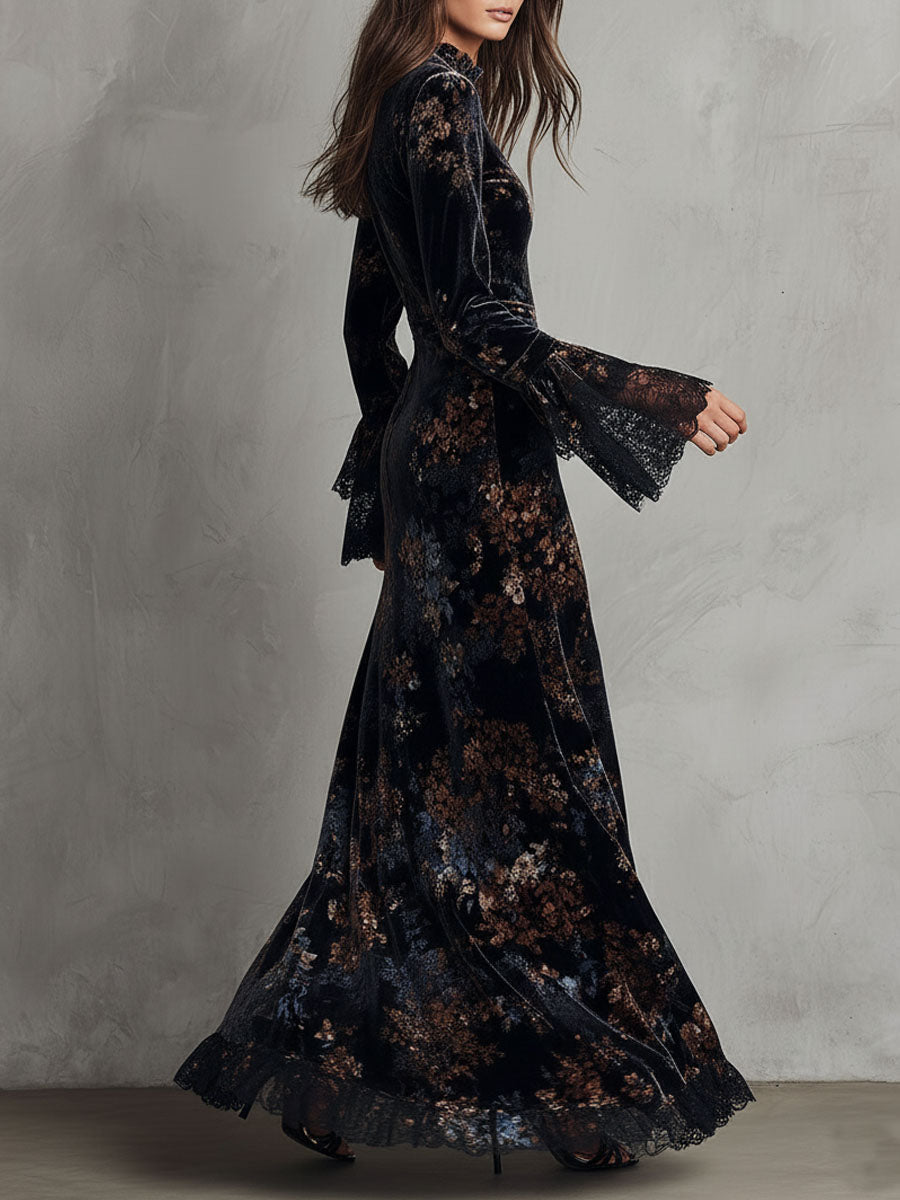 Vestido Maxi Azul Medianoche Terciopelo Floral Mangas Campana