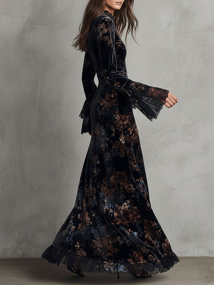 Vestido Maxi Azul Medianoche Terciopelo Floral Mangas Campana