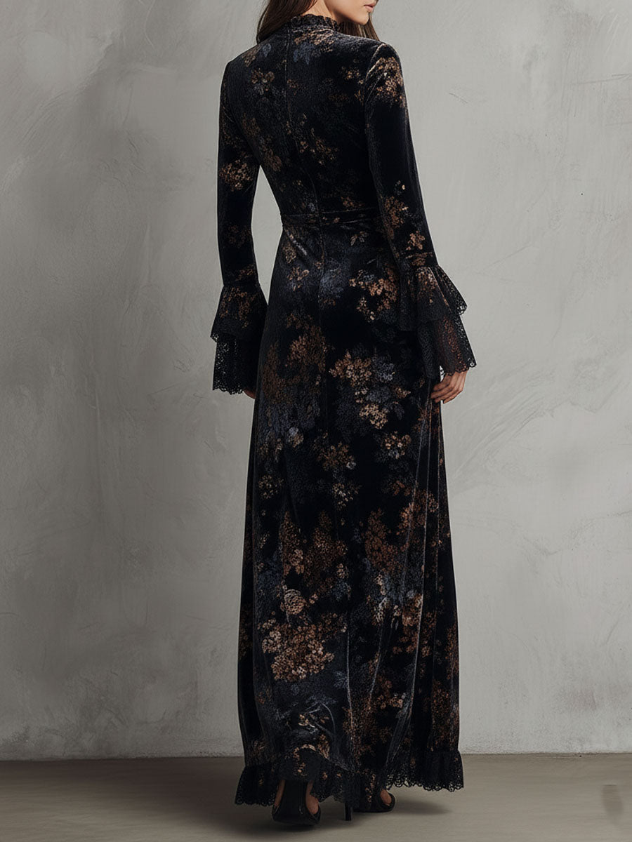 Vestido Maxi Azul Medianoche Terciopelo Floral Mangas Campana