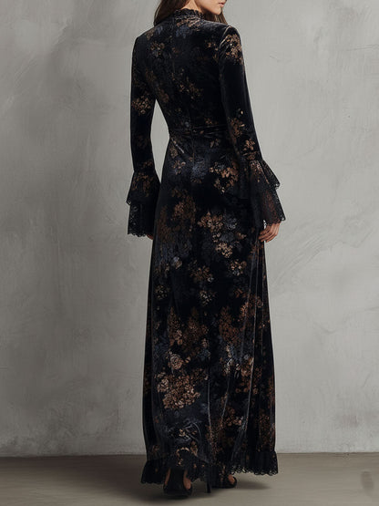 Vestido Maxi Azul Medianoche Terciopelo Floral Mangas Campana