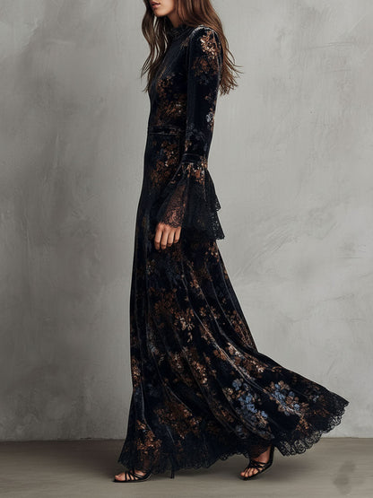 Vestido Maxi Azul Medianoche Terciopelo Floral Mangas Campana