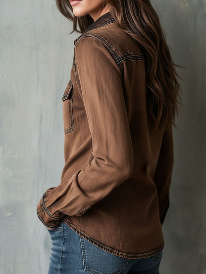 Chaqueta Camisera Marrón Lavada Costuras Contraste