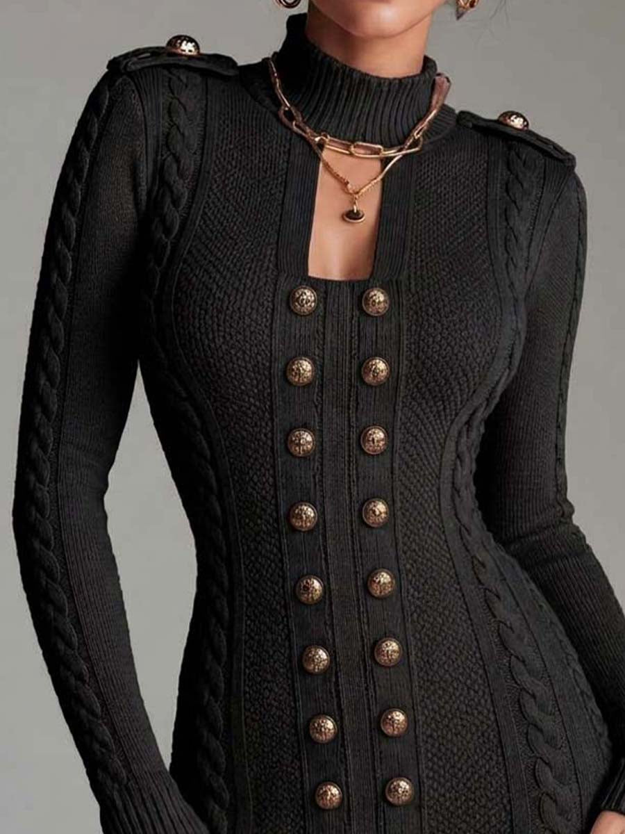 Vestido Punto Trenzado Azul Militar Cremallera Dorada