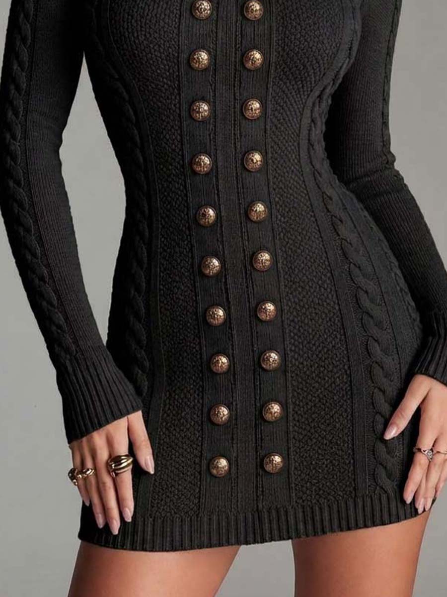 Vestido Punto Trenzado Azul Militar Cremallera Dorada