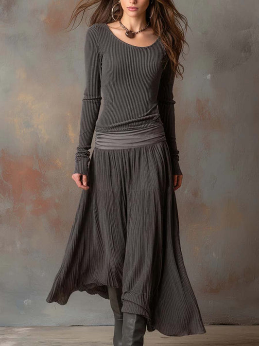 Vestido Maxi Gris Carbón Punto Canalé Plisado